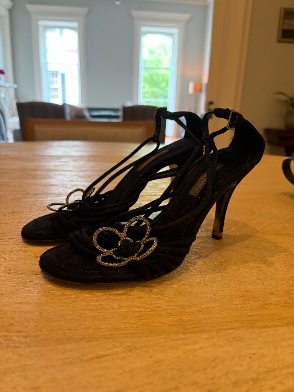 VINTAGE Louis Vuitton Suede Heels with Swarovski Crystal Flowers